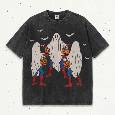 Men's Graphic Tee - Unisex Loose Casual Soft Halloween Streetwear Clothing, Short Sleeve Vintage Washed Grunge Funny T-Shirts Meme, Bedsheet Ghost Pumpkin Bucket Graphic Apparel
