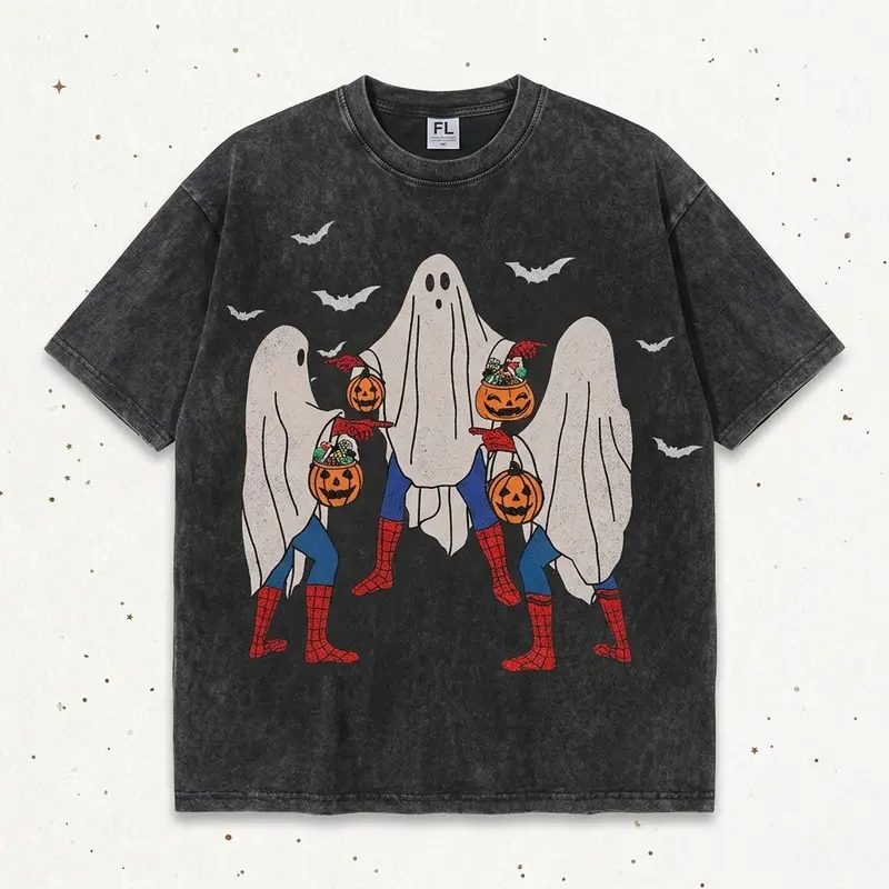 Men's Graphic Tee - Unisex Loose Casual Soft Halloween Streetwear Clothing, Short Sleeve Vintage Washed Grunge Funny T-Shirts Meme, Bedsheet Ghost Pumpkin Bucket Graphic Apparel