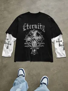 Men's Fall Long Sleeve Two-Piece Set, Comfortable Skin-Friendly Fabric, Cross Eternity Graphic Print, Trendy Dark Style Fitted Casual Wear