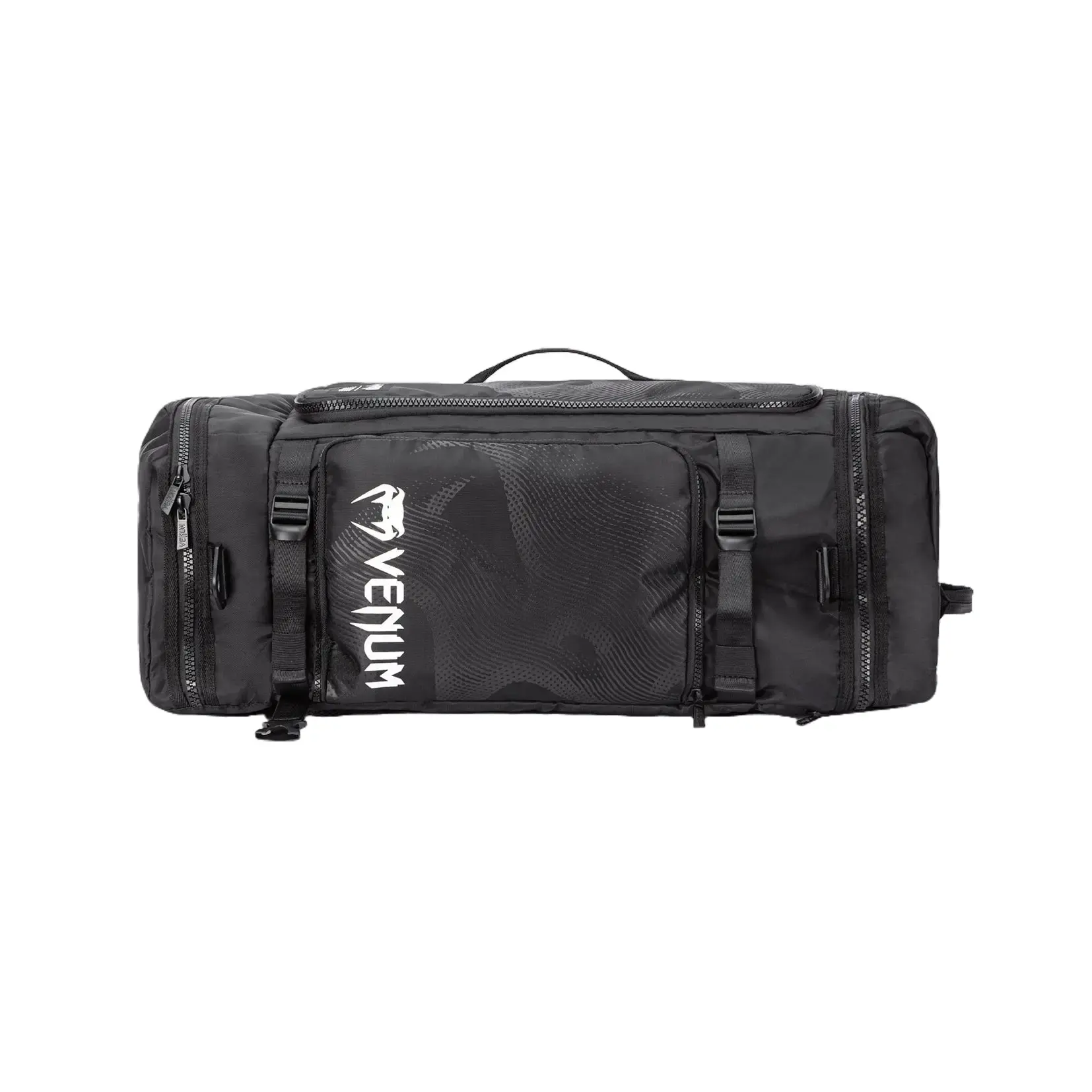 Venum Shockwave Large 48L Convertible Sports Bag, Multi-Use Duffle Backpack for Athletic Gear with Zip Pockets - Black, Gym Bag, Sporty Pocket Design