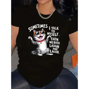 Women's Plus Size Graphic Tee - Soft Touch 180gsm 95% Polyester with Cute Cartoon Cat & Fashion Glasses Print, Machine Wash Easy, Round Neck Short Sleeve for Oversized Daily Comfort, Spring Summer Fall Street Style and Casual Cat Lover Outfits