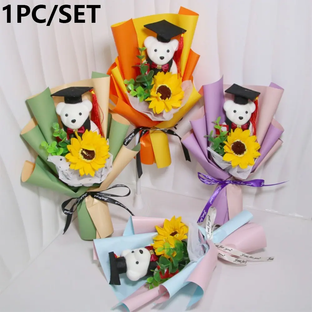 Handmade Exquisite Sunflower Bouquet, Kids' School Activity Gift, Graduation Ceremony Photo, Doctoral Bear Cartoon Design, Small Floral Arrangement, Graduation Gifts