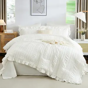 Comforter Set,White Cute Ruffle Comforter for  Bed, 7 count Bed in a Bag Seersucker Shabby Chic  Set 90"x90"