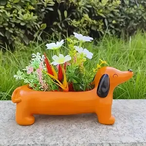 New Cute Sausage Dog Planter Ornament, Resin Craft Outdoor Garden Landscape Decor, Adorable Plant Pot Decoration for Yard, Resin Flower Pot