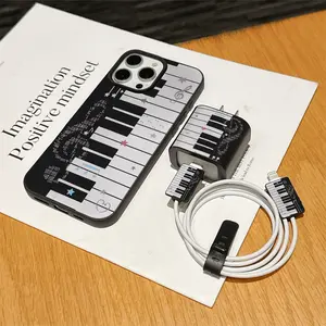 5 Piece Set Vintage Piano Cute Stars Notes Heart Protective Phone Case, Charger Head Cover, Cable Protector, Storage Rope, Tpu Anti-Drop Shockproof Protection Accessories, Tpu Smartphone Cover, Shockproof Cellphone Casing