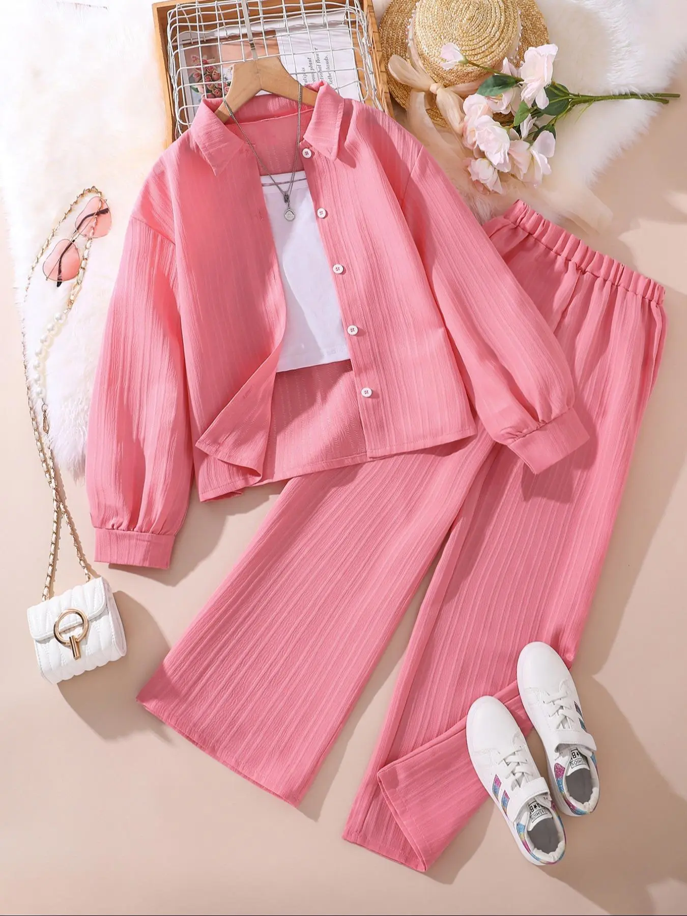 Teenager's Solid Textured Button Front Blouse & Elastic Waist Pants Two-piece Set, Casual Long Sleeve Collared Top & Trousers for Fall & Winter, Teenager's Clothes for Daily Wear