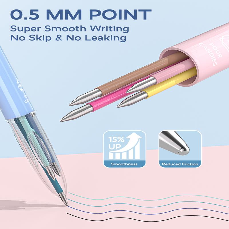Four Candies 6PCS Multicolor Pen 0.5mm 4-in-1 Colored Pens 18 Colors Retractable Ergonomic Design for Students Nurses Office Supplies