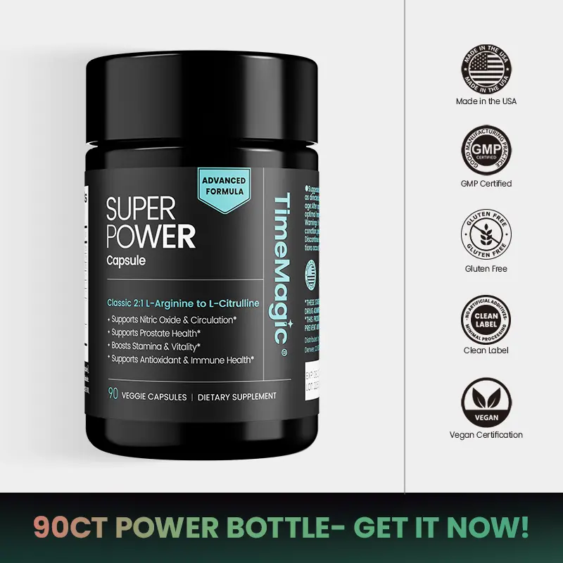 TimeMagic Superpower- Testo Booster + Prostate Health + Nitric Oxide Booster for Men, D‑Aspartic Acid, Saw Palmetto Extract, Panax Ginseng, Male Reproductive Wellness, Made in USA, Clean Label, 90 Caps Herbal & Mineral Capsules Dietary Fitness