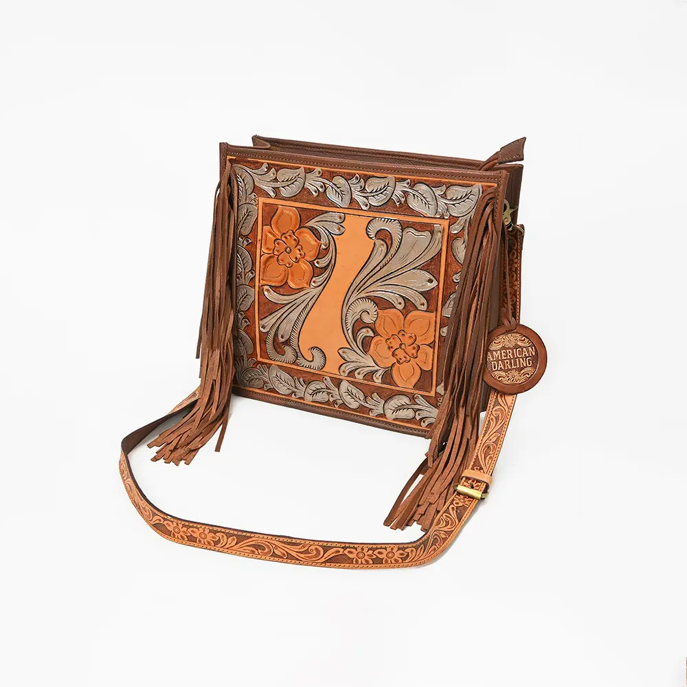 American Darling Hand-Tooled Leather Cross Body Bag with Floral Carving, Fringes, Rivet Embossing, Genuine Leather Build & Well-Compartmentalized Interior