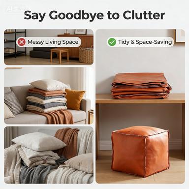 Only 15.7-inch square storage ottoman cover, unfilled faux leather bean bag ottoman, ottoman cover with scratch-resistant, easy-to-clean, and dirt-resistant fabric, suitable for living room, bedroom, apartment sofa footrest