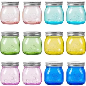 Colored Mason Jars 8 oz with Metal Lids - Regular Mouth Canning jar for Jam, Honey, Wedding Favors, Shower Favors, Pickling,  Storage, Jelly, DIY  Jars, 12 Pack