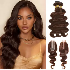 ALHER #4 Chocolate Brown Bundles with 2x6 Long Deep Part Closure Dark Brown Colored Wavy Bundles with 4x4 Free Part Closure Color #4 Dark Brown Bundles with Ear to Ear Lace Frontal Closure 100% Virgin Remy Hair 4 Bundles with 2x6/4x4 Closure