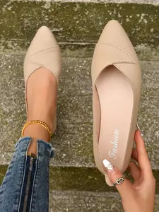 Women's Comfortable Breathable Pointed Toe Slip-On Flats, Casual PU Leather Shoes with Rubber Sole for Indoor & Outdoor Use, Fall Fashion