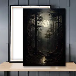 1pcs Wooden Framed, Forest in Moonlight Vintage Wall Art Print - Vintage Poster, Dark Academia, Gothic Wall Decor, Halloween Art Canvas Painting, For Bathroom, Bedroom, Office, Living Room, Home Decor Ideas