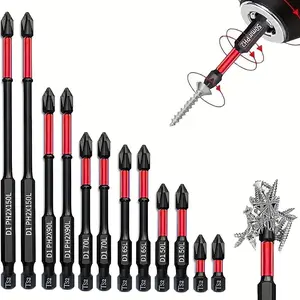 12pcs Tungsten Carbide Magnetic Screwdriver Bit Set S2 1/4" Shank Phillips & Impact Bits Red Black for Electric Manual Screwdrivers Home Renovation Tools high Torque Wrench