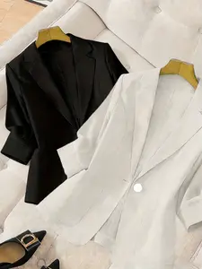 Women's two-piece plain color single-breasted double-pocket half-sleeve five-point trendy Fashion Blazer suit jacket, suitable for spring and summer suitable for commuting outfit.