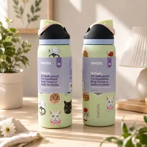 Owala 32oz Insulated Stainless Steel Water Bottle with Cute Cat Print, Straw Lid for Sports & Outdoor Use