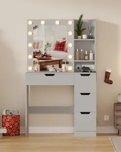 Gaomon LED Lighted Makeup Vanity Desk with Mirror - Adjustable Lights, 4 Storage Drawers, Built-in Power Outlet, USB Port, Anti-Tip Base, Sturdy Frame for Bedroom (Grey)