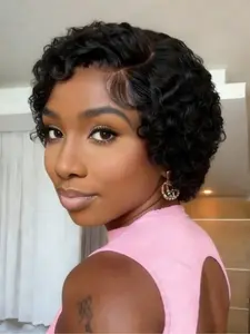 Pixie Wig Short Curly Natural, Daily Party Cosplay Use, Deep Curly Wig, 13x4x1 T Part Lace Wig, 150% Density Glueless Human Hair Wigs for Women