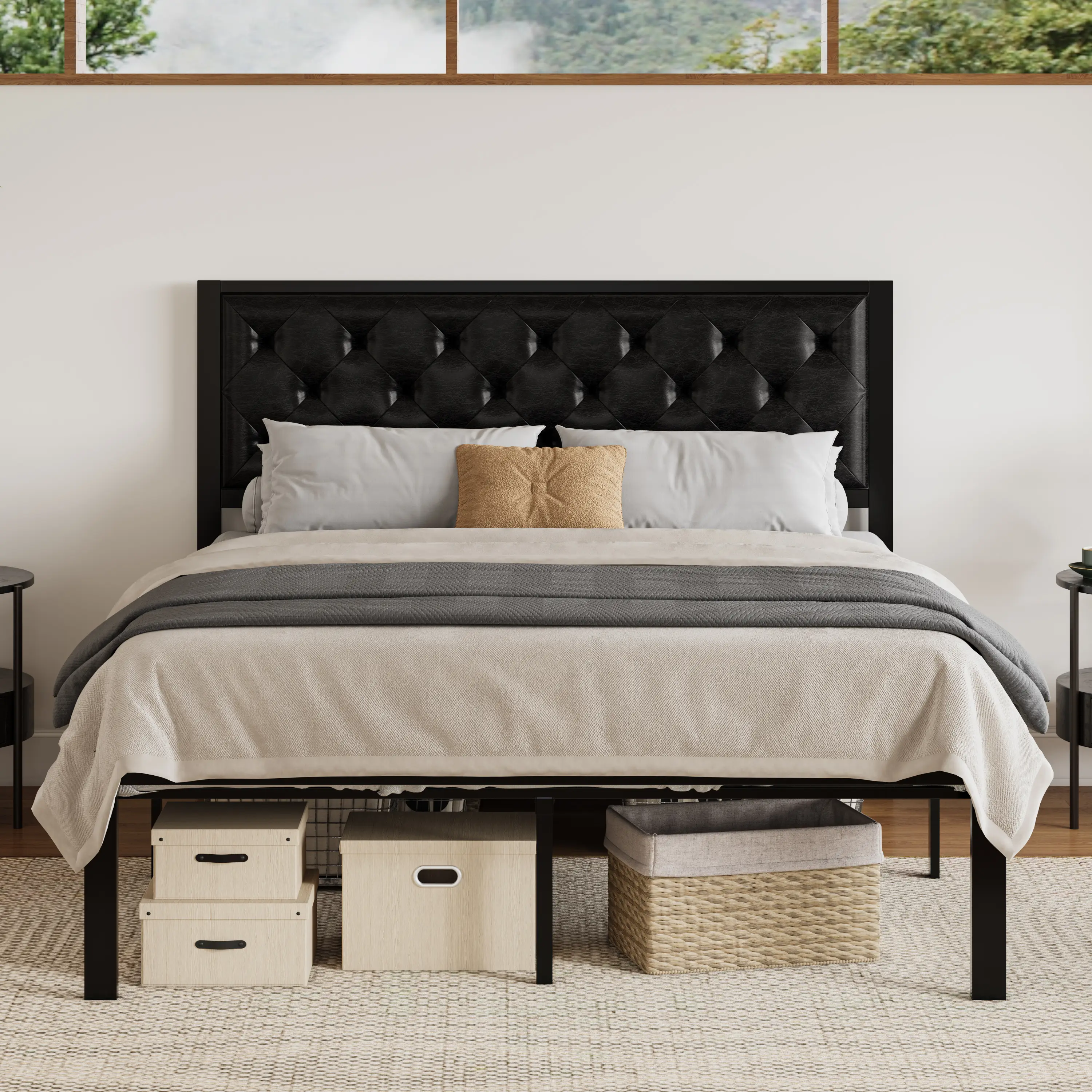 SHA CERLIN Metal Upholstered Platform Bed Frame with Headboard of Button Tufted Linen Fabric /Faux Leather,【Frame Only No Mattress】Twin/Full/Queen/Kin