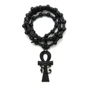 Hip Hop Egyptian Black Ankh Cross Pendant & 30" Wood Beads Wooden Chain Necklace 1.5" x 2.5" Ancient Symbol of Life