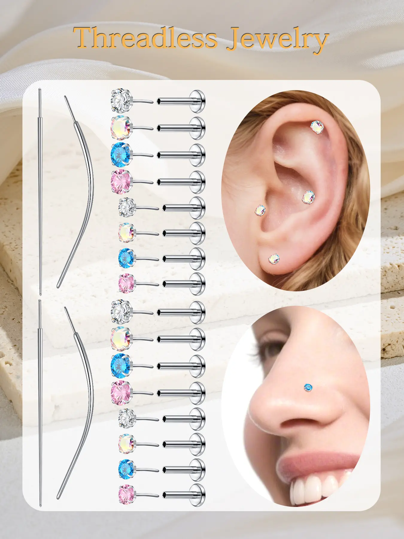 Push Pin Tragus Earrings, Hypoallergenic Earrings, Sensitive Skin G23 Titanium Alloy Earrings - Helix Earrings Flat Back Studs for Second Hole, Tragus, Cartilage, Conch Piercing Zircon CZ and Heart Style (16G 18G 20G)