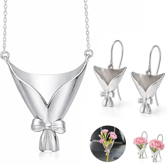 DIY Flower Holder Necklace for Women, Wearable Flower Vase Pendant Necklace & Earrings Set, Insert Real Flowers or Mini Bouquets, Graduation, Prom & Wedding Jewelry Gift