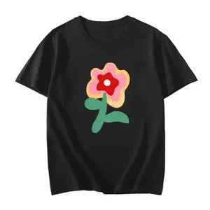 Black Flower Graphic Tee - Bold Floral Design, Lightweight Casual Top with Round Neckline, Perfect for Everyday Wear - Womenswear, Piece, Simple, Statement, Green, Love