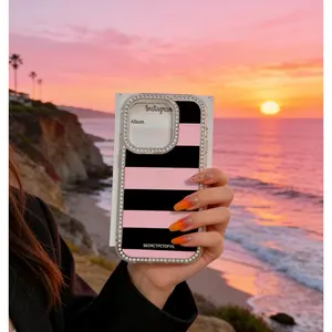 Double-Sided Diamond-Studded Striped iPhone Case - Pink & Black Stripe Design Compatible with iPhone 17/16/15 Pro Max| Slim & Breathable Style