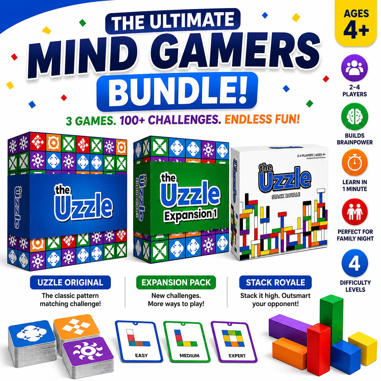 The Ultimate Mind Gamers Bundle – Uzzle Original + Expansion Pack + Stack Royale | Ages 4+ | Fast Strategy & Family Board Game Set