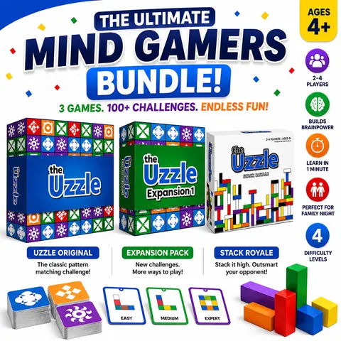 The Ultimate Mind Gamers Bundle – Uzzle Original + Expansion Pack + Stack Royale | Ages 4+ | Fast Strategy & Family Board Game Set