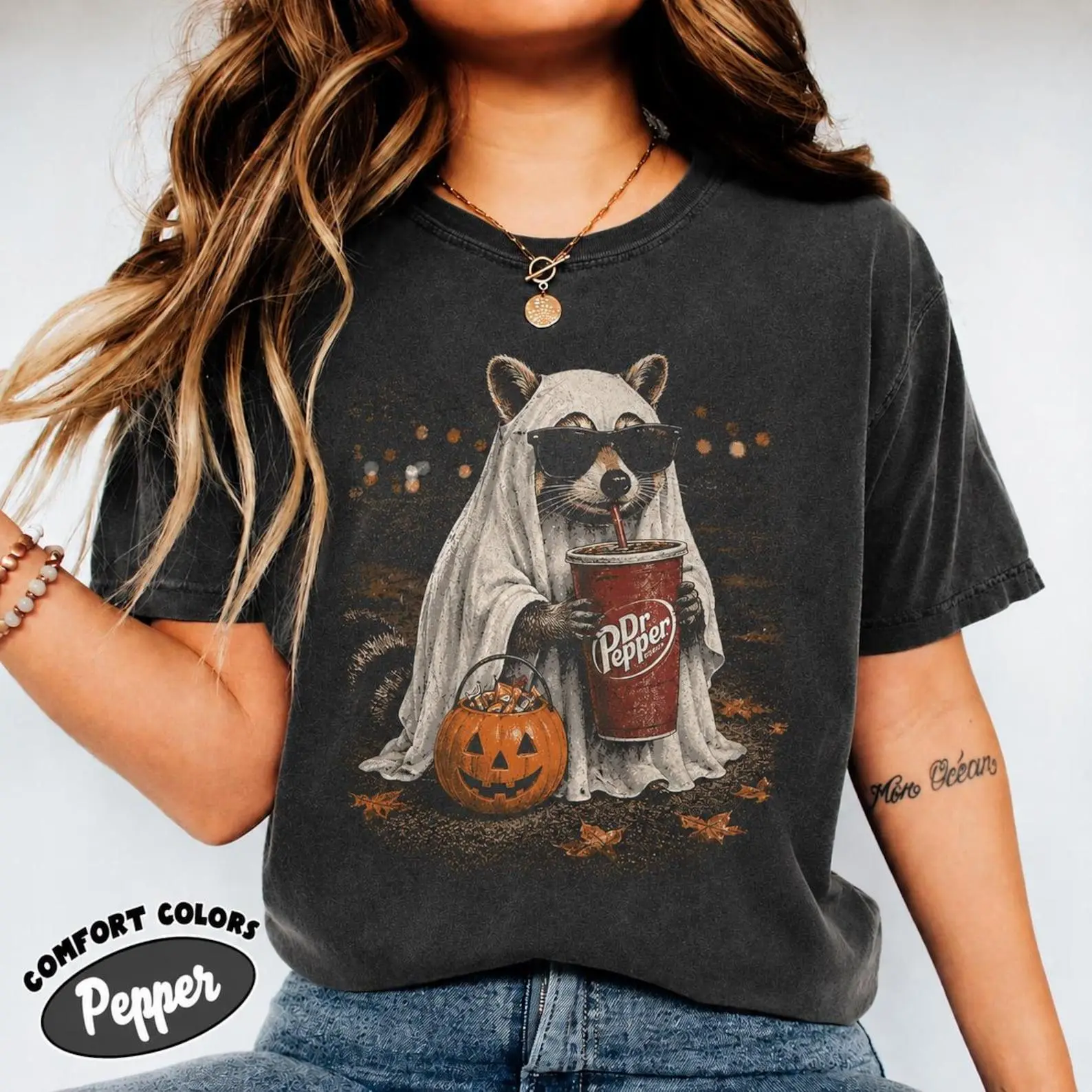 Comfort Colors Raccoon Dr Pepper Shirt, Halloween Ghost Tee, Cute Spooky Soda Graphic, Fun Fall Beverage Graphic Tee Gift