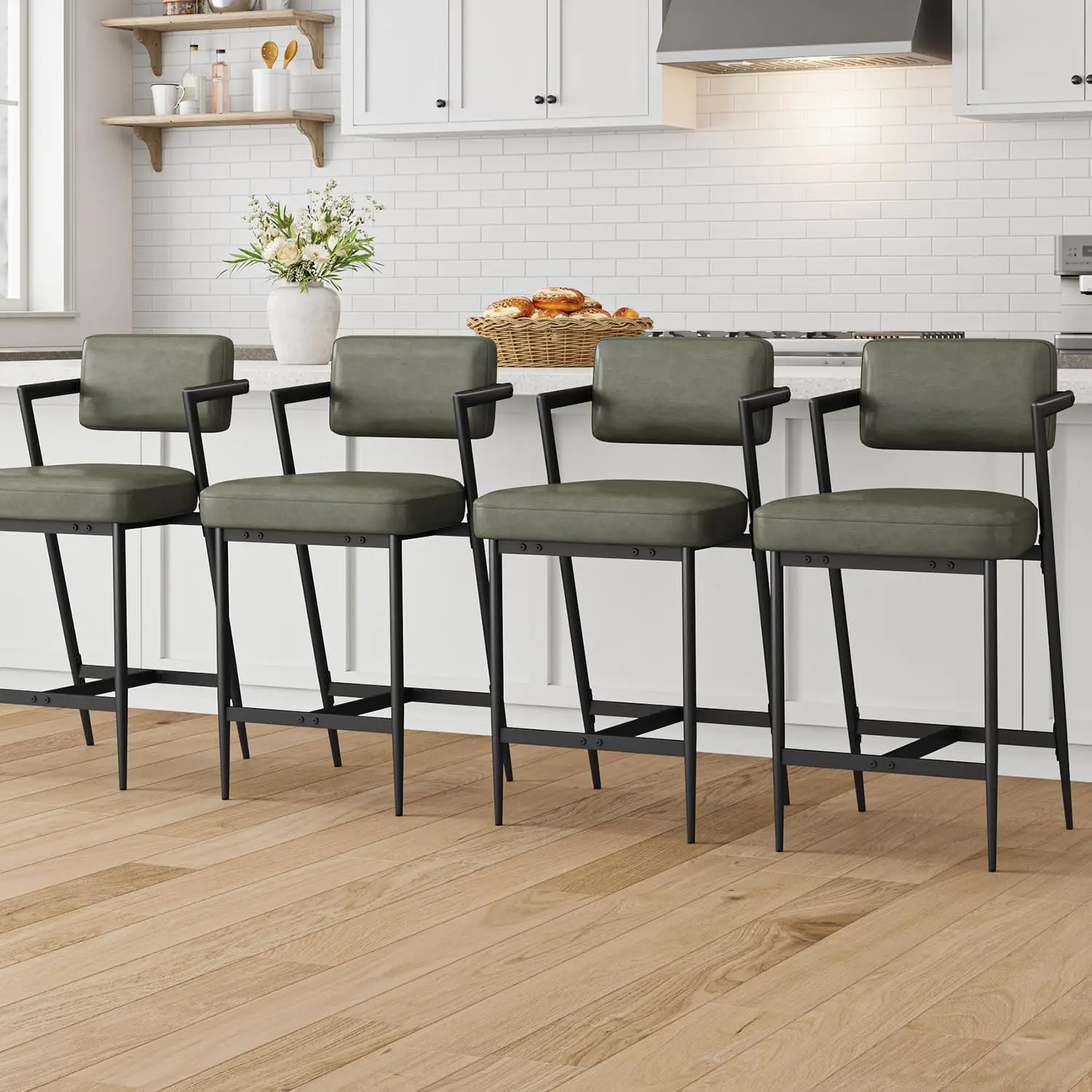 Garvee Set of 8 Home Bar Stools with Armrests, Counter Height, Backrest, Footrest, Thick Cushions, and Durable Metal Legs in Rustic Green for Kitchen, Island, and Counter Bar Seating