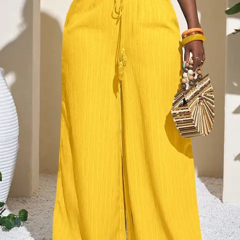 Plus Size Women's Solid Color Woven Wide-Leg Pants, Bottoms, Casual High-Waist Baggy Loose-Fit Trousers for All-Season Wear, Slouchy Palazzo Pants