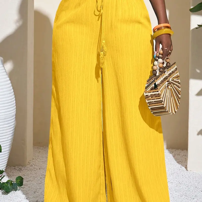 Plus Size Women's Solid Color Woven Wide-Leg Pants, Bottoms, Casual High-Waist Baggy Loose-Fit Trousers for All-Season Wear, Slouchy Palazzo Pants