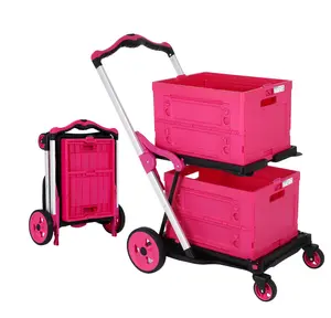 Foldable Shopping Cart with Wheels,With Storage Crates, Multi Use Two Tier Collapsible Cart with 360° Rolling Swivel Wheels Heavy Duty Folding Trolley for Shopping, Picnic and Office,Cosmetic Organizer,Grocery,Warehouse,Garden