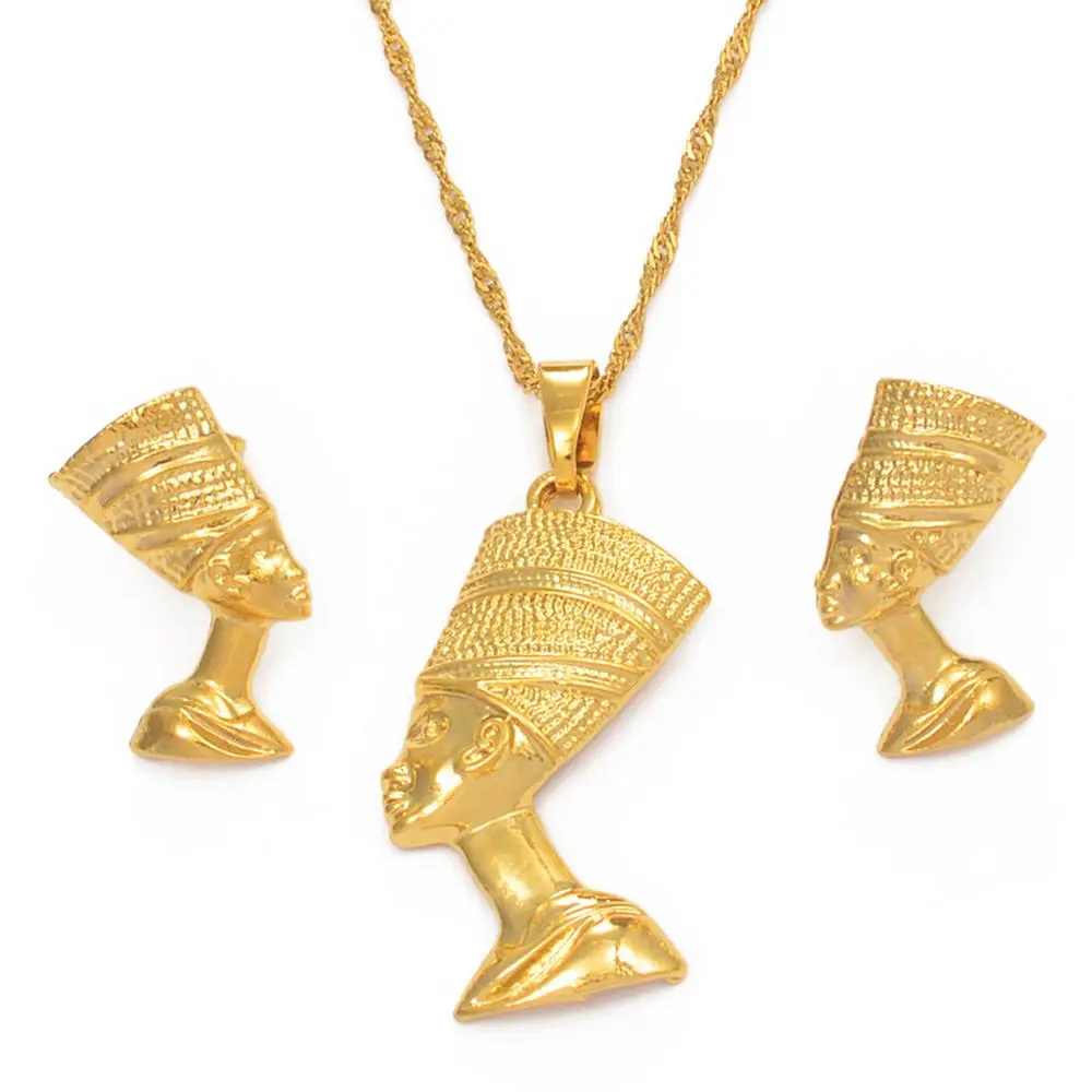 Anniyo Egyptian Queen Nefertiti Pendant Necklace Earrings Sets Jewelry Gold Plated  Jewellery  #010006