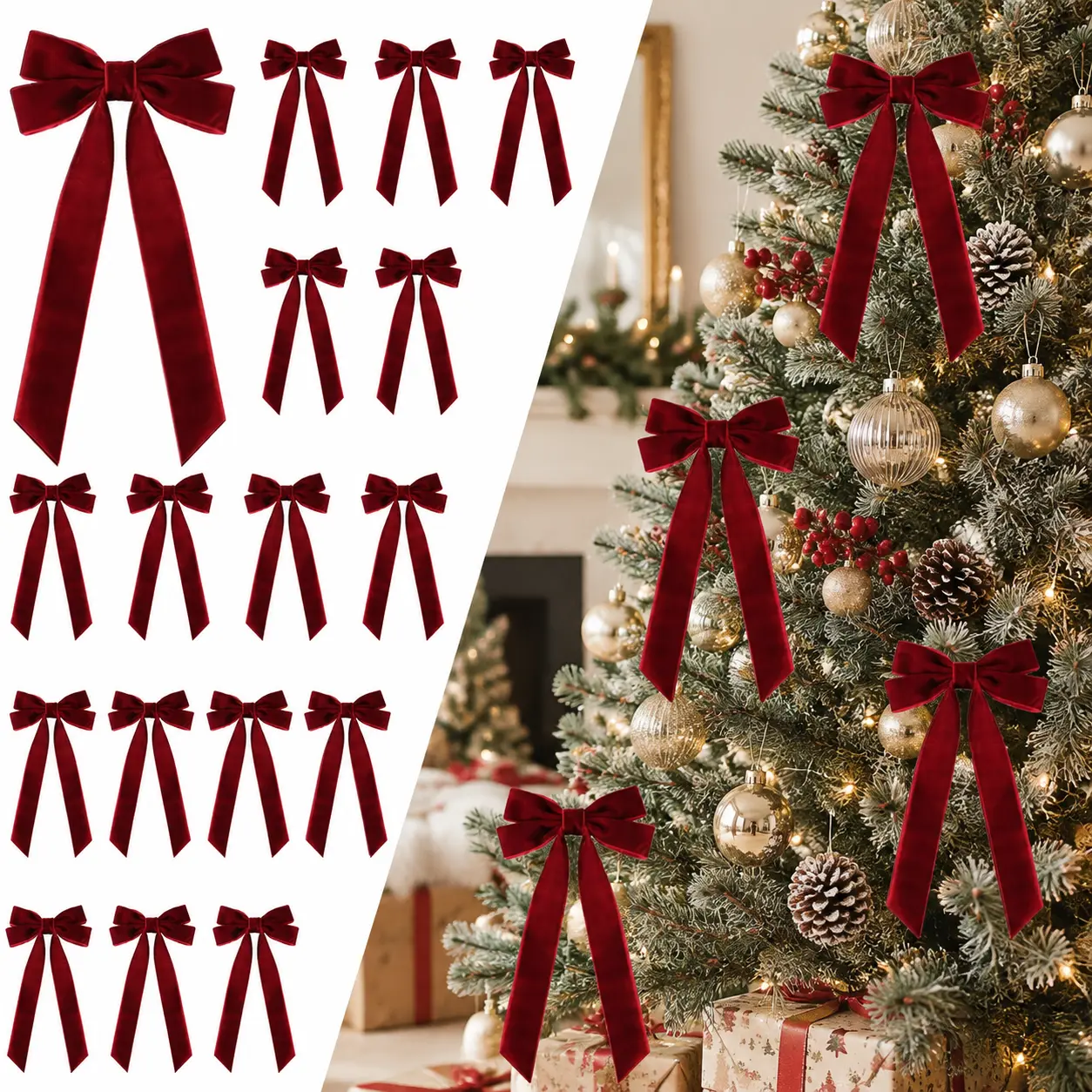 Senjie 16PCS Velvet Christmas Bows, Burgundy Double Ribbon Bows for Christmas Tree, Wreath, Garland & Holiday Decor, Angled Ends with Clear Strap