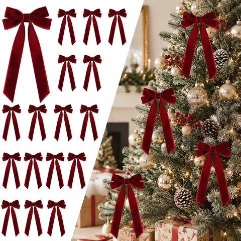 Senjie 16PCS Velvet Christmas Bows, Burgundy Double Ribbon Bows for Christmas Tree, Wreath, Garland & Holiday Decor, Angled Ends with Clear Strap