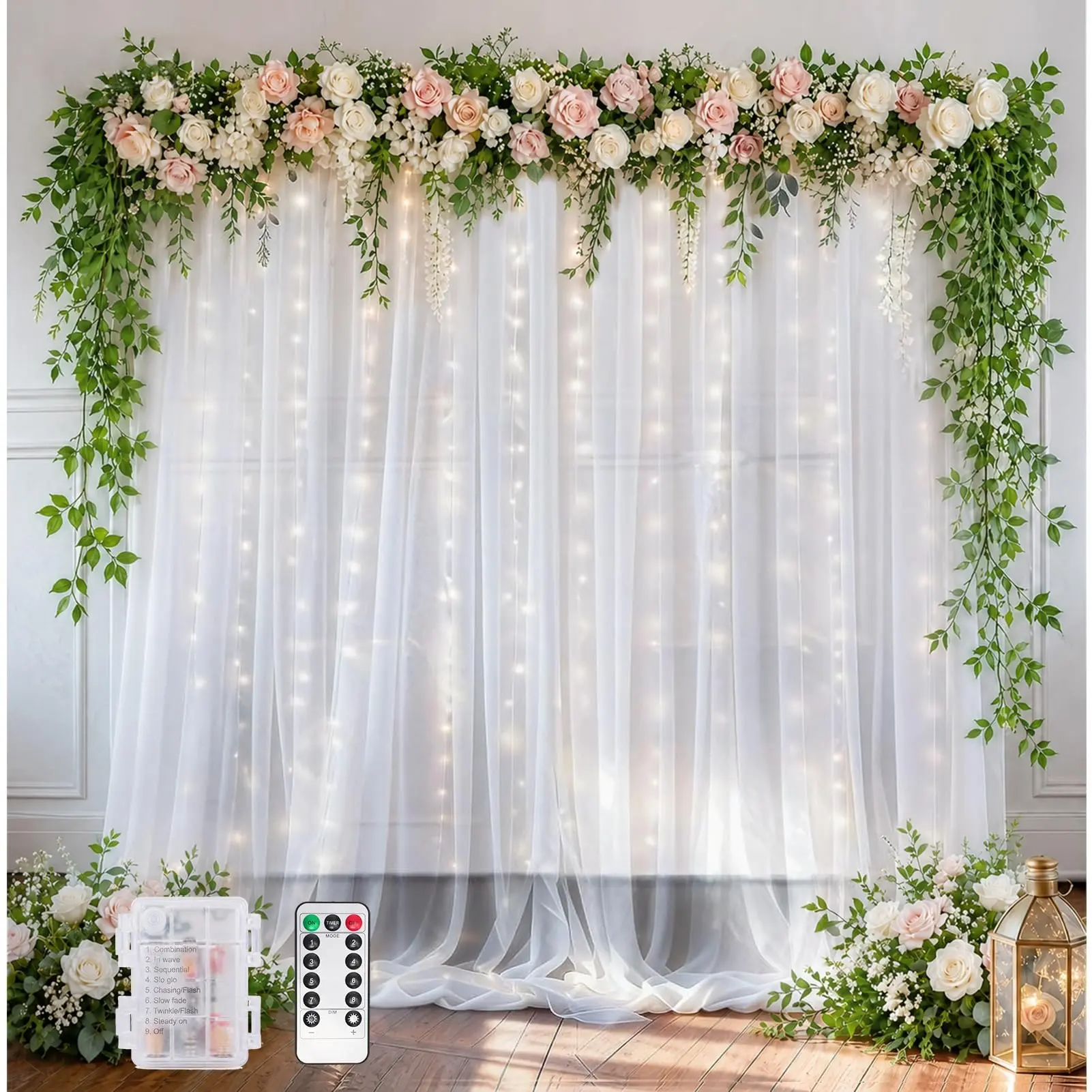 EMART White 10x10ft Tulle Backdrop Curtains with Lights String Battery Operated with Remote, for Wedding, Baby Shower,Photoshoot, Birthday Party Decoration