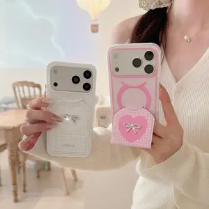 MagSafe Case for iPhone 13 14 15 16 17 Pro Max Phone Case with Smile Foldable Stand Pink White Shiny Rhinestone Bow Trendy Aesthetic High Quality Phone Cover