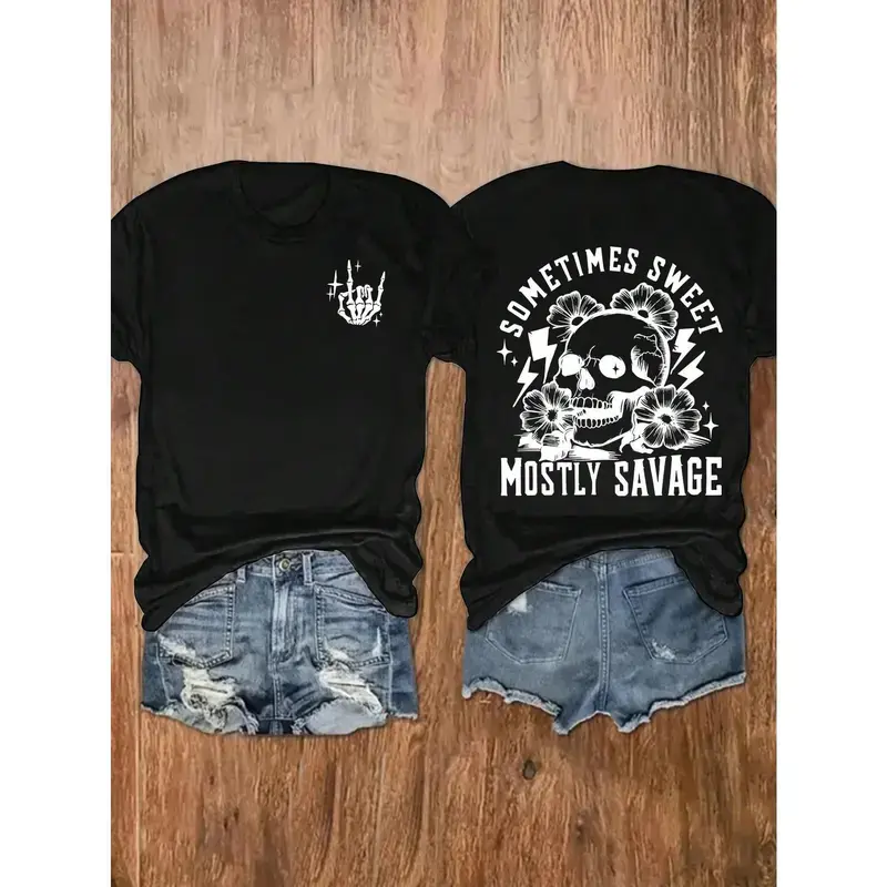 Casual Skull Graphic T-Shirt for Women in Soft Cotton, Lightweight Round Neck Top with a Seamless Feel for All Seasons, Solid, Women's Clothes, Machine Washable, Short Sleeve, Foldable, 3D Skull Graphic Women's T-Shirts