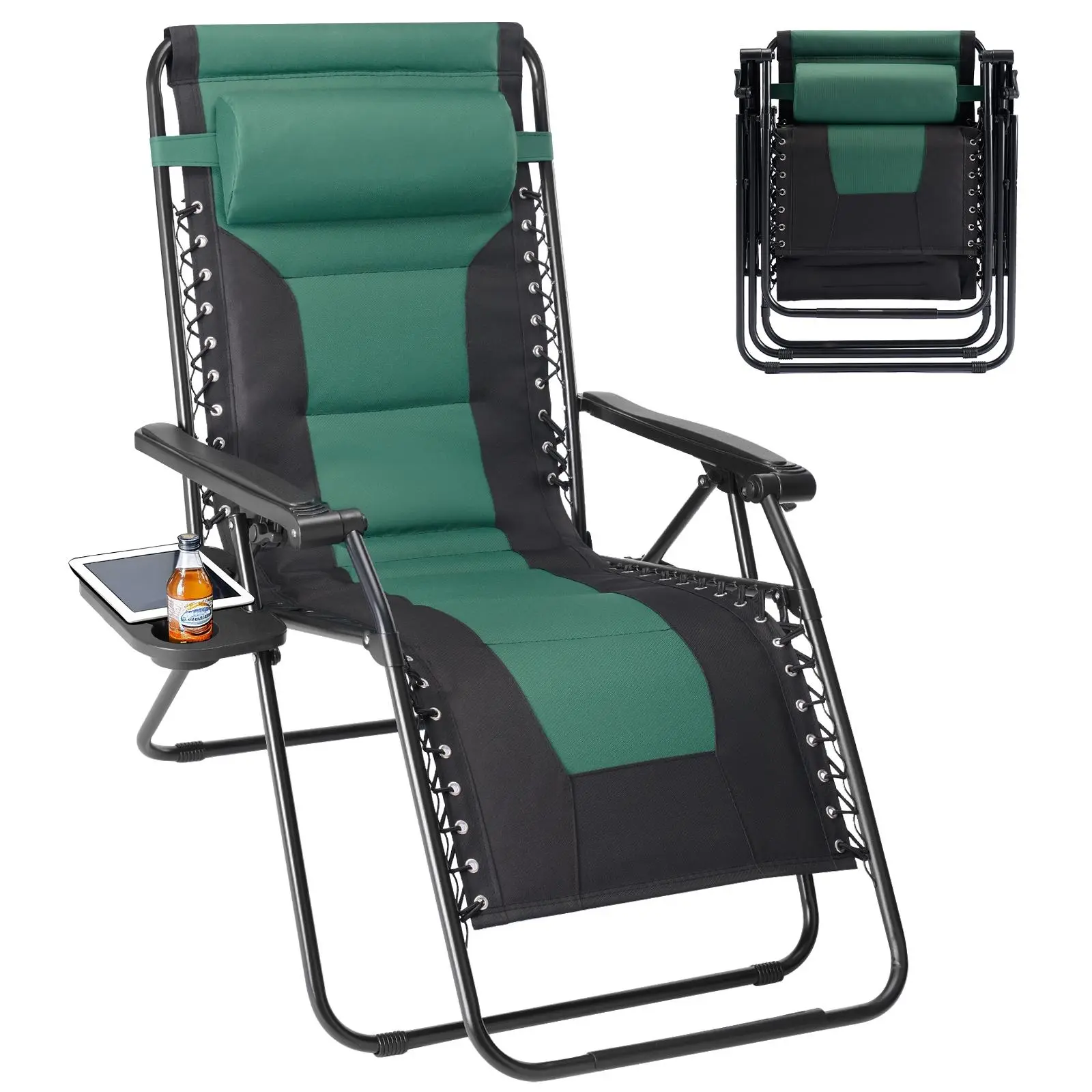 Foldable Zero Gravity Camping Chair – Portable Recliner with Adjustable Pillow & Cup Holder, Supports 330 lbs, Reclines Up to Nearly 170° for Backyard, Tent or Picnic