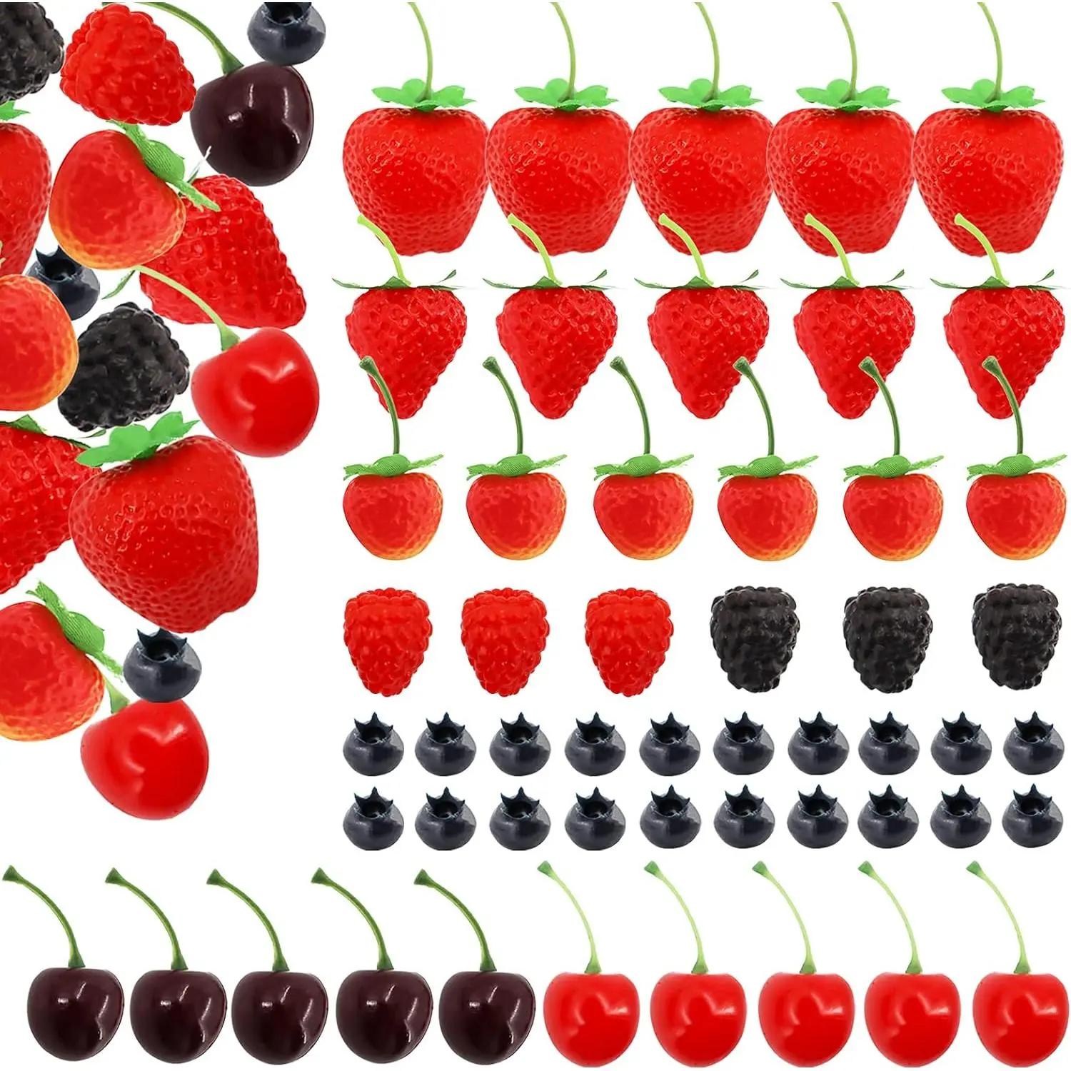 52 count Artificial  Fruit, Includes  Strawberries  Blueberries  Raspberries  Cherries,   Plastic Cake Dessert Party Home Kitchen Decoration, Photography Props
