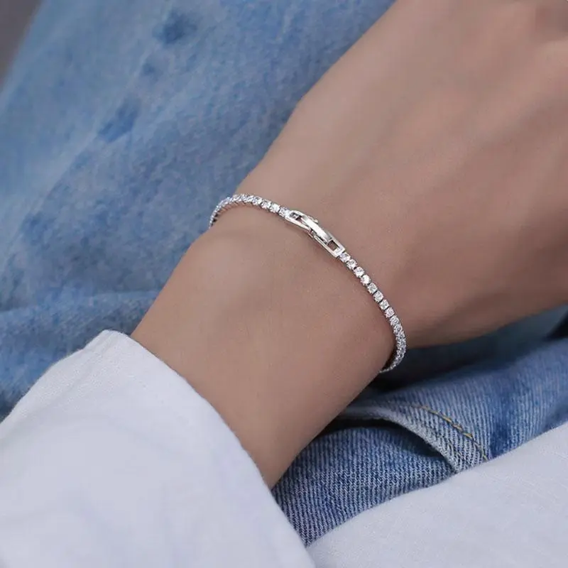 Sterling 925 Silver Full AAA Zircon Bracelet Fine Jewelry 16cm-19cm 2-3mm Shiny CZ Accessories For Women Anniversary Gift
