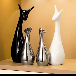Ceramic Statue,Deer Family Figurines Porcelain(Set of 4),Creative Ceramic Decorative,Crafts Ornaments Home Decor,Memorial Gift for Parents,Suitable for Shelf,Bookself(Black White Silver Deer)