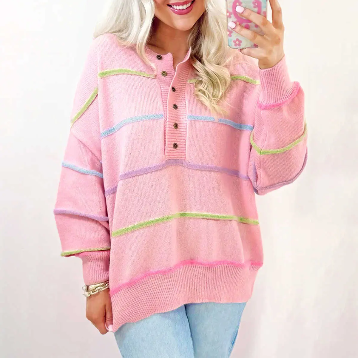 Women's Oversized Henley Sweater, Colorful Rainbow Stripe Long Sleeve Drop Shoulder Knitwear Pullover