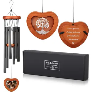 26'' Personalized Wind Chimes with Heart-Shaped Photo Frame - Deep Tone Memorial Wind Chimes for Outside Unique, Sympathy Chime for Loss of Loved One or Pet, Outdoor & Indoor Metal Chime - Black