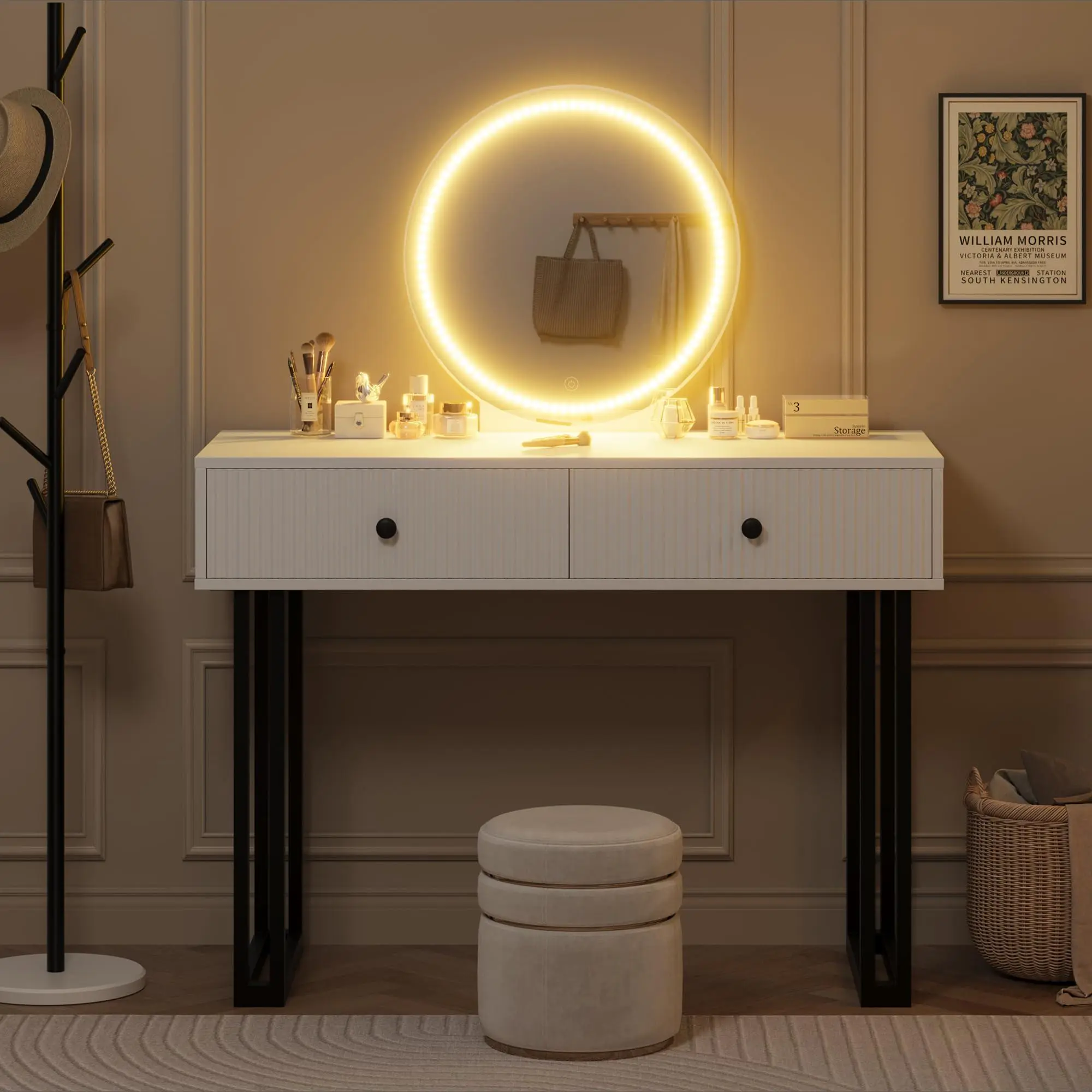 Modern Vanity Dressing Table with LED Lights, Metal Frame, 2 Drawers, 3-Color Adjustable Brightness Mirror and Organizer for Indoor Furniture Sets