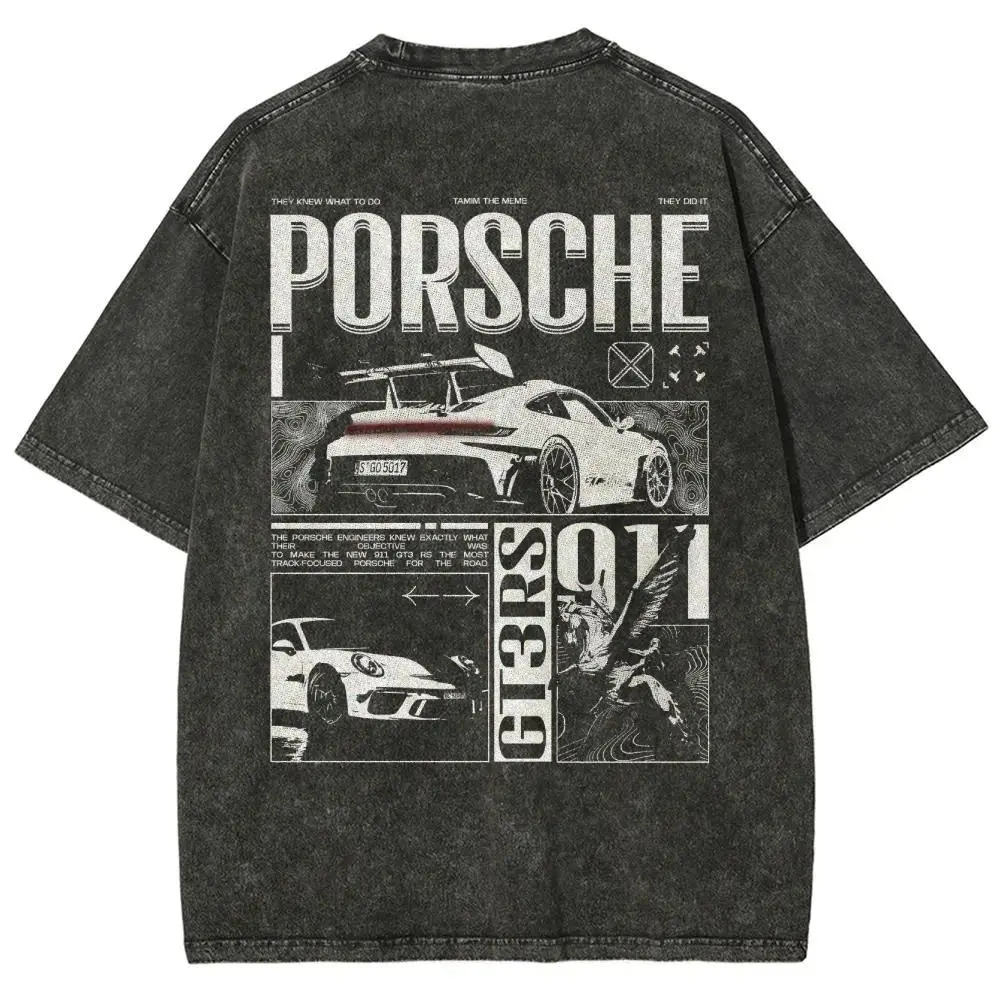 911 GT3RS Unisex Fit Washed T-Shirt single-sided Menswear Top cotton Streetwear